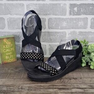 Skechers Rumblers Solar Burst Black Wedge Sandals Women 10 Rhinestone Strappy